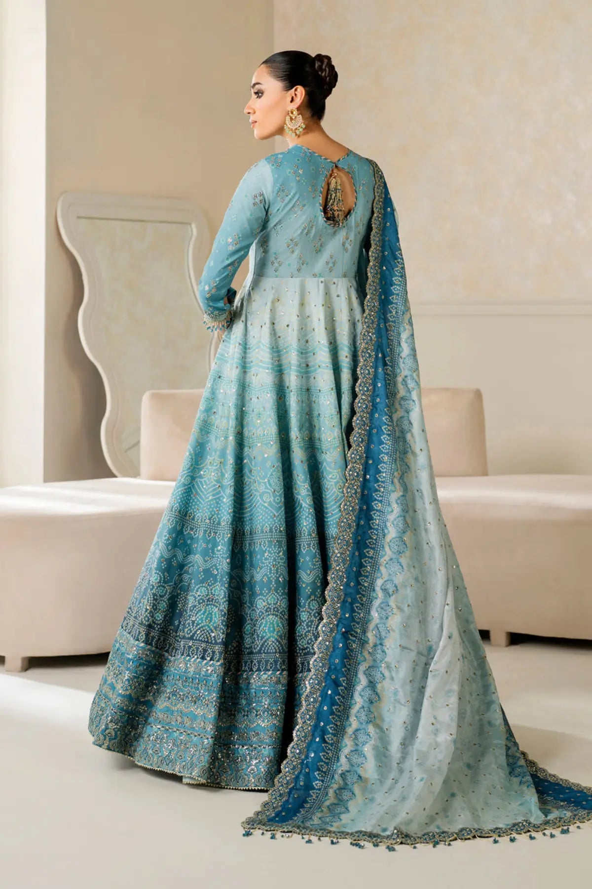 UF-4162 Baroque blue embroidered silk Pishwas stitched set with printed silk dupatta and dyed silk trouser Pakistanimoda
