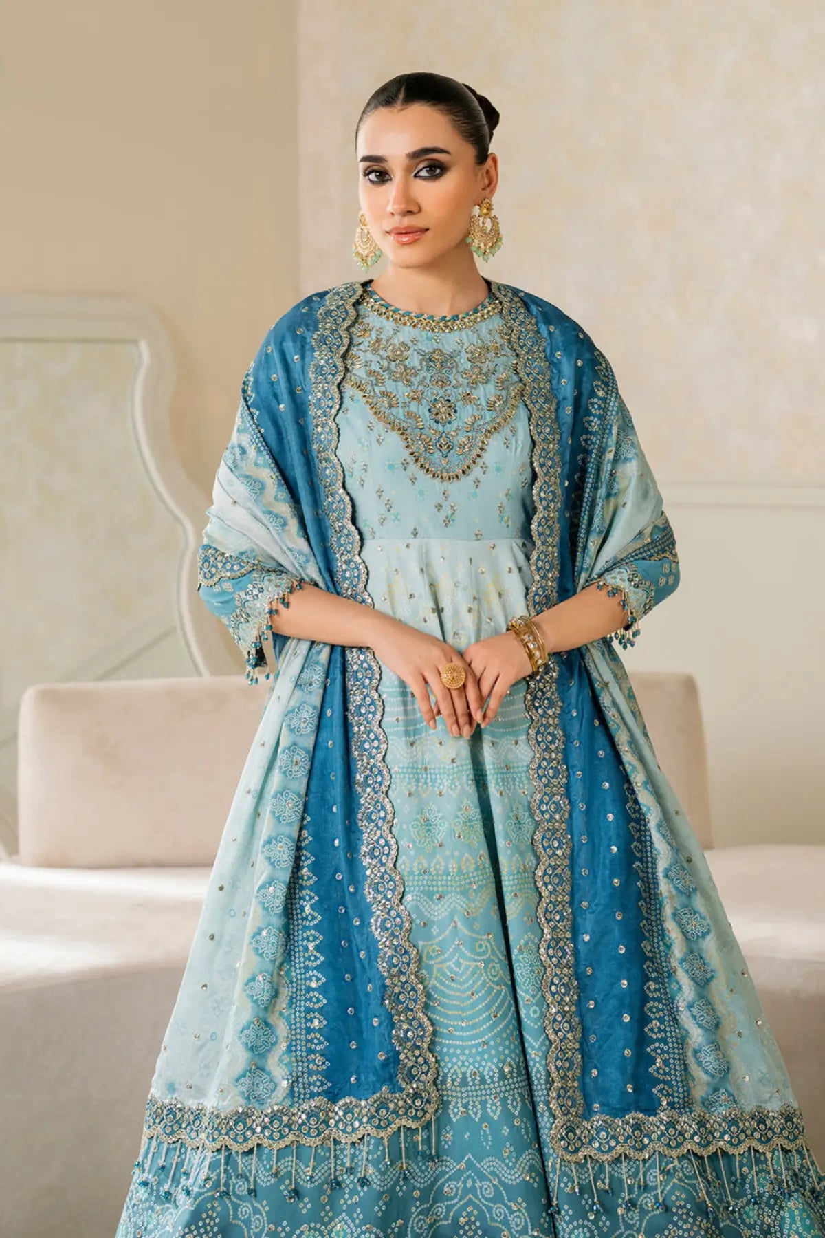 UF-4162 Baroque blue embroidered silk Pishwas stitched set with printed silk dupatta and dyed silk trouser Pakistanimoda