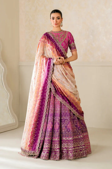 UF-4163 magenta embroidered silk lehenga choli with printed dupatta and dyed silk trouser mehndi wear Pakistanimoda