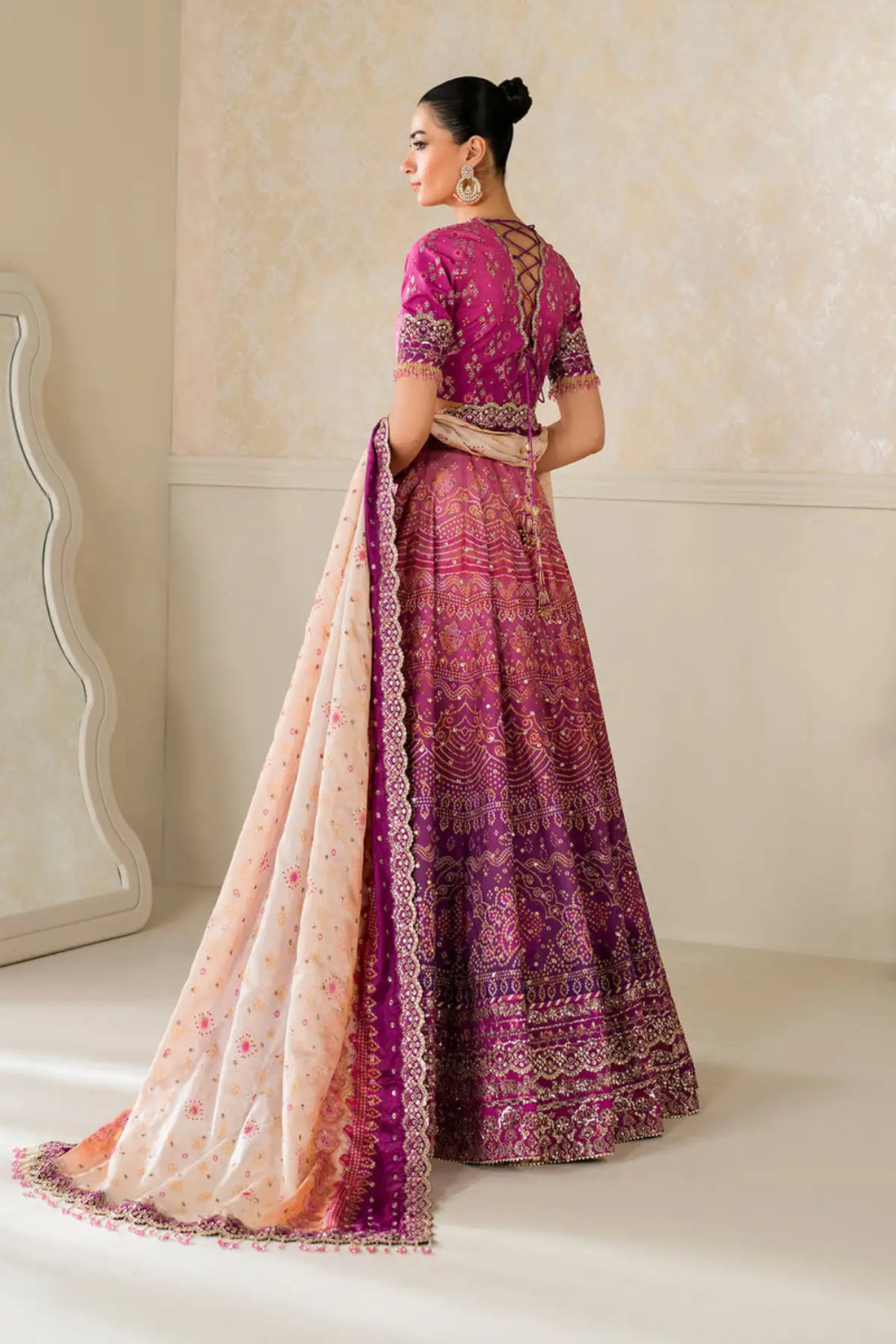 UF-4163 magenta embroidered silk lehenga choli with printed dupatta and dyed silk trouser mehndi wear Pakistanimoda