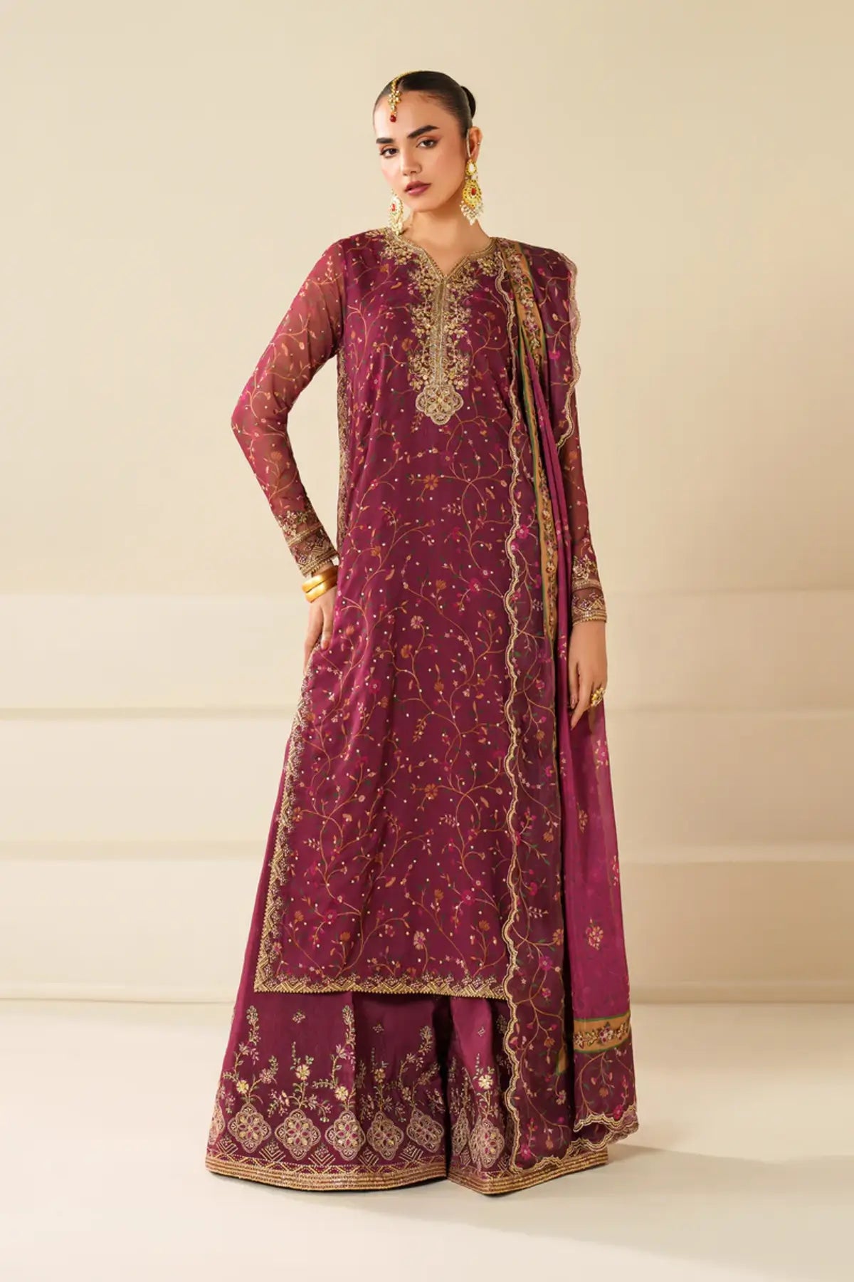 UF-4277 Baroque plum embroidered chiffon stitched 3PC with dupatta and silk trouser for dinners and parties Pakistanimoda