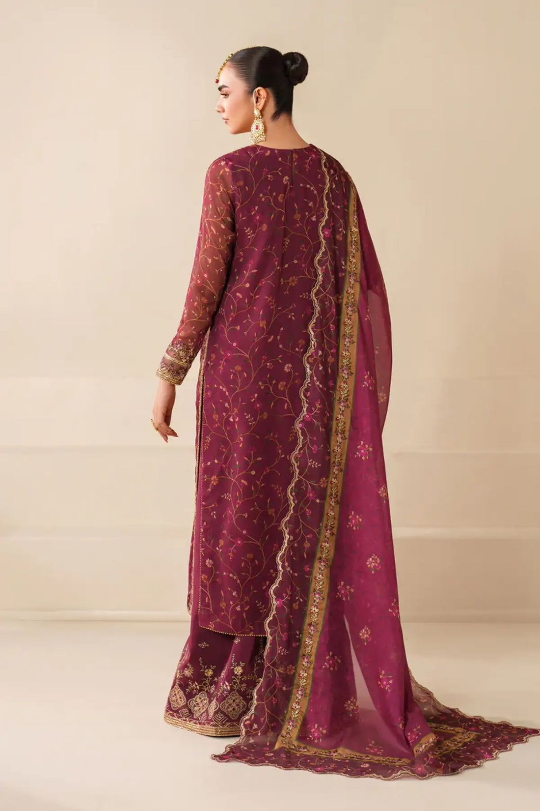 UF-4277 Baroque plum embroidered chiffon stitched 3PC with dupatta and silk trouser for dinners and parties Pakistanimoda