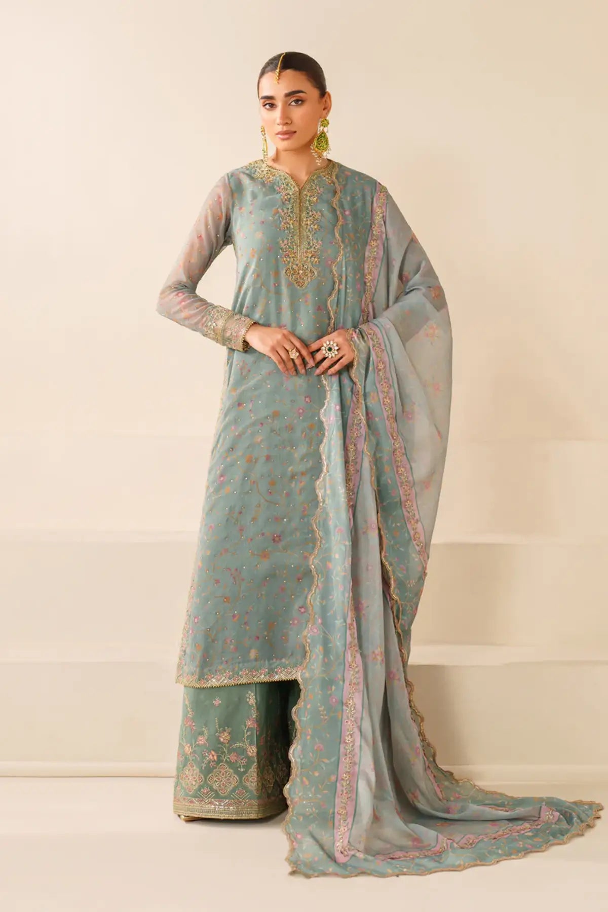 UF-4278 Baroque aqua embroidered chiffon stitched 3PC for Eid with dupatta and silk trouser Pakistanimoda