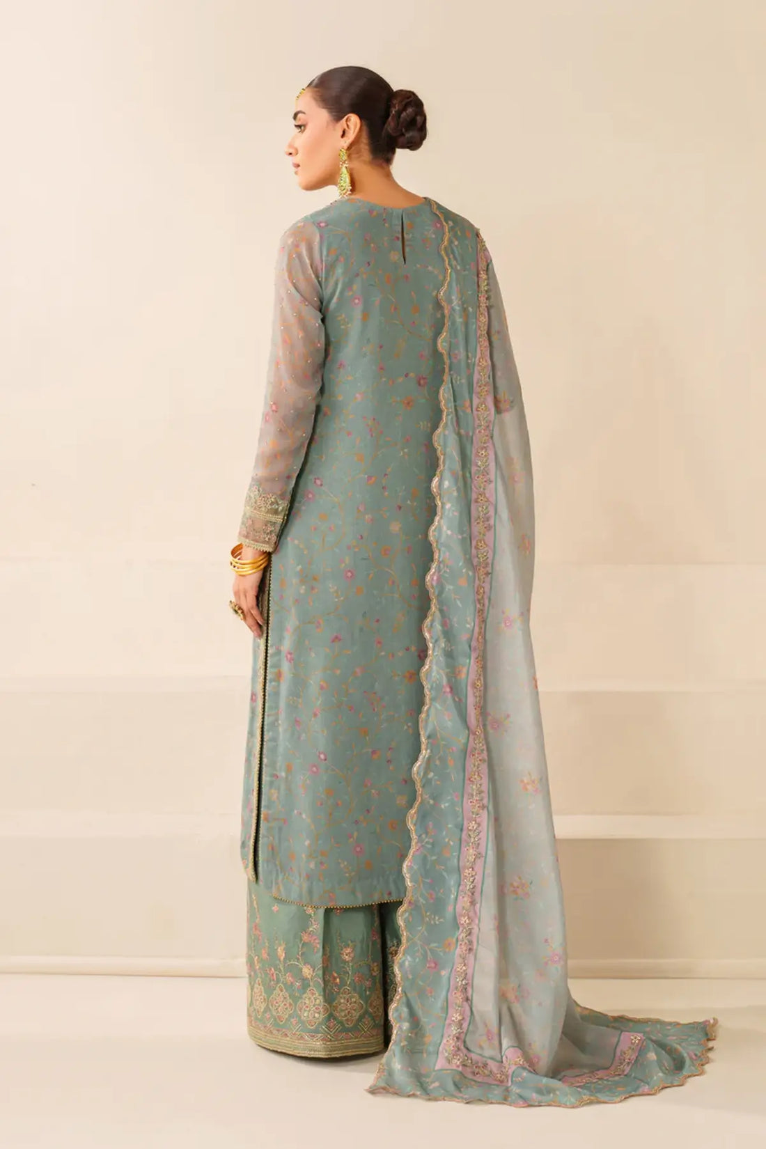 UF-4278 Baroque aqua embroidered chiffon stitched 3PC for Eid with dupatta and silk trouser Pakistanimoda