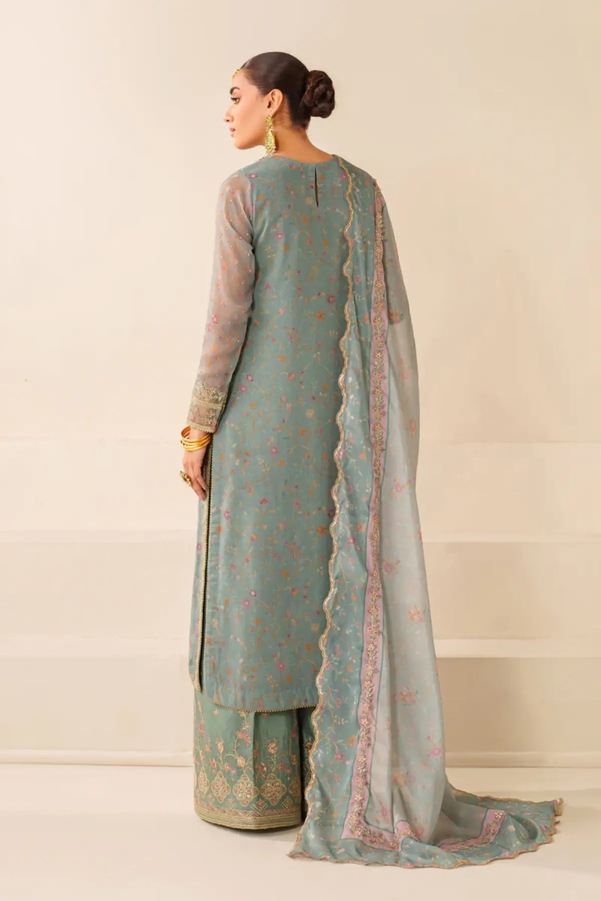 UF-4278 Baroque aqua embroidered chiffon stitched 3PC for Eid with dupatta and silk trouser Pakistanimoda