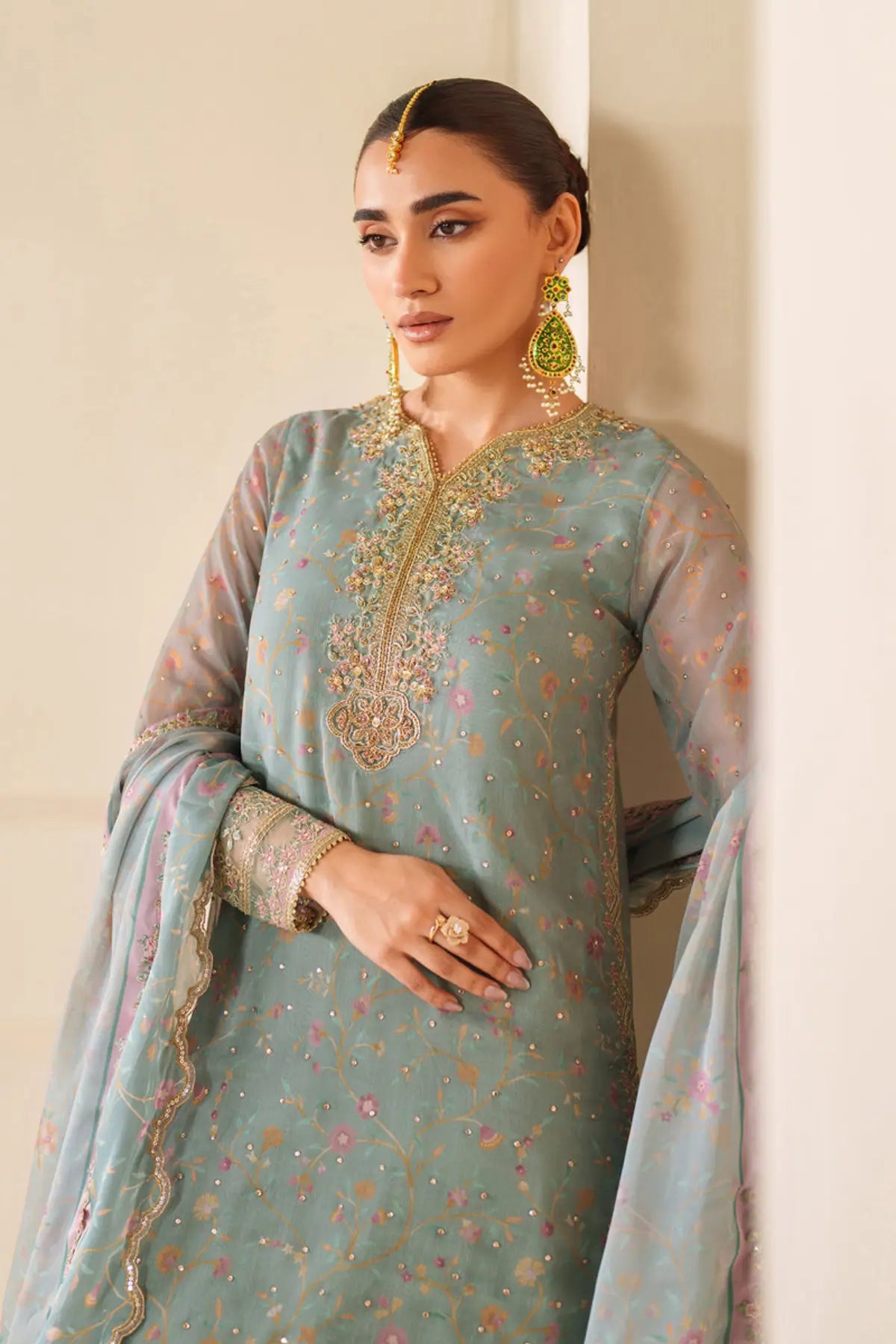 UF-4278 Baroque aqua embroidered chiffon stitched 3PC for Eid with dupatta and silk trouser Pakistanimoda
