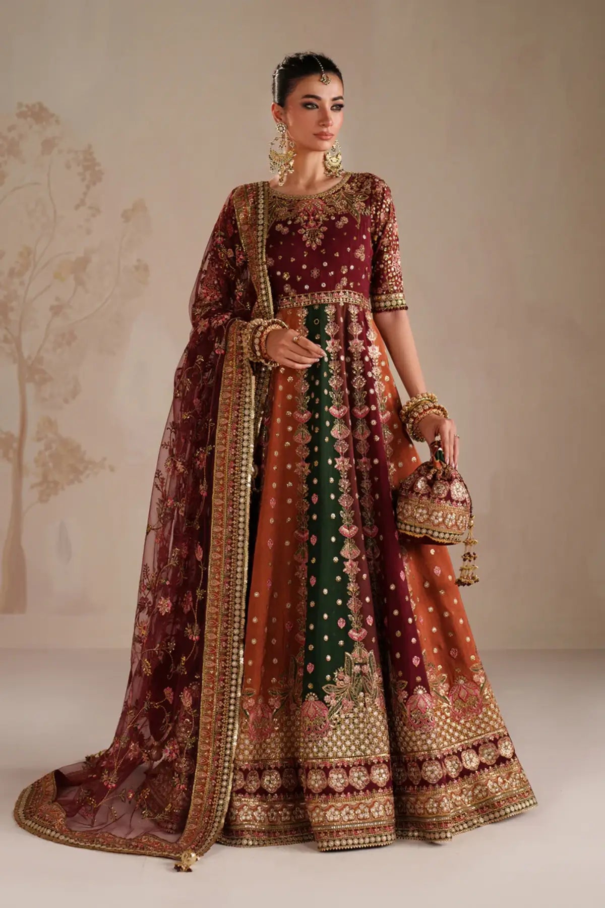 UF-4366 Baroque maroon embroidered raw silk Anarkali 3PC set with embroidered net dupatta and raw silk trouser Pakistanimoda