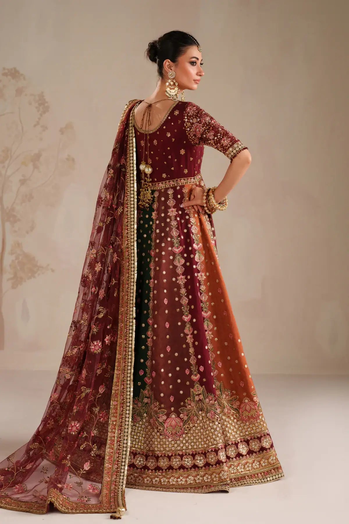 UF-4366 Baroque maroon embroidered raw silk Anarkali 3PC set with embroidered net dupatta and raw silk trouser Pakistanimoda
