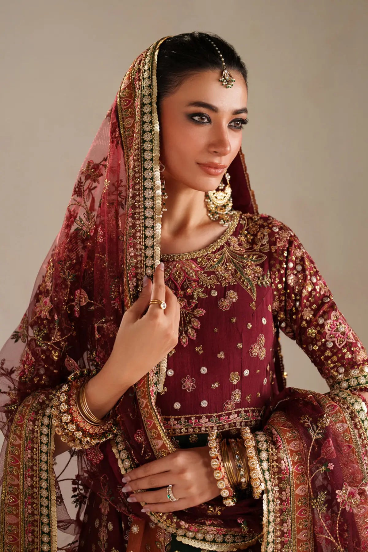 UF-4366 Baroque maroon embroidered raw silk Anarkali 3PC set with embroidered net dupatta and raw silk trouser Pakistanimoda