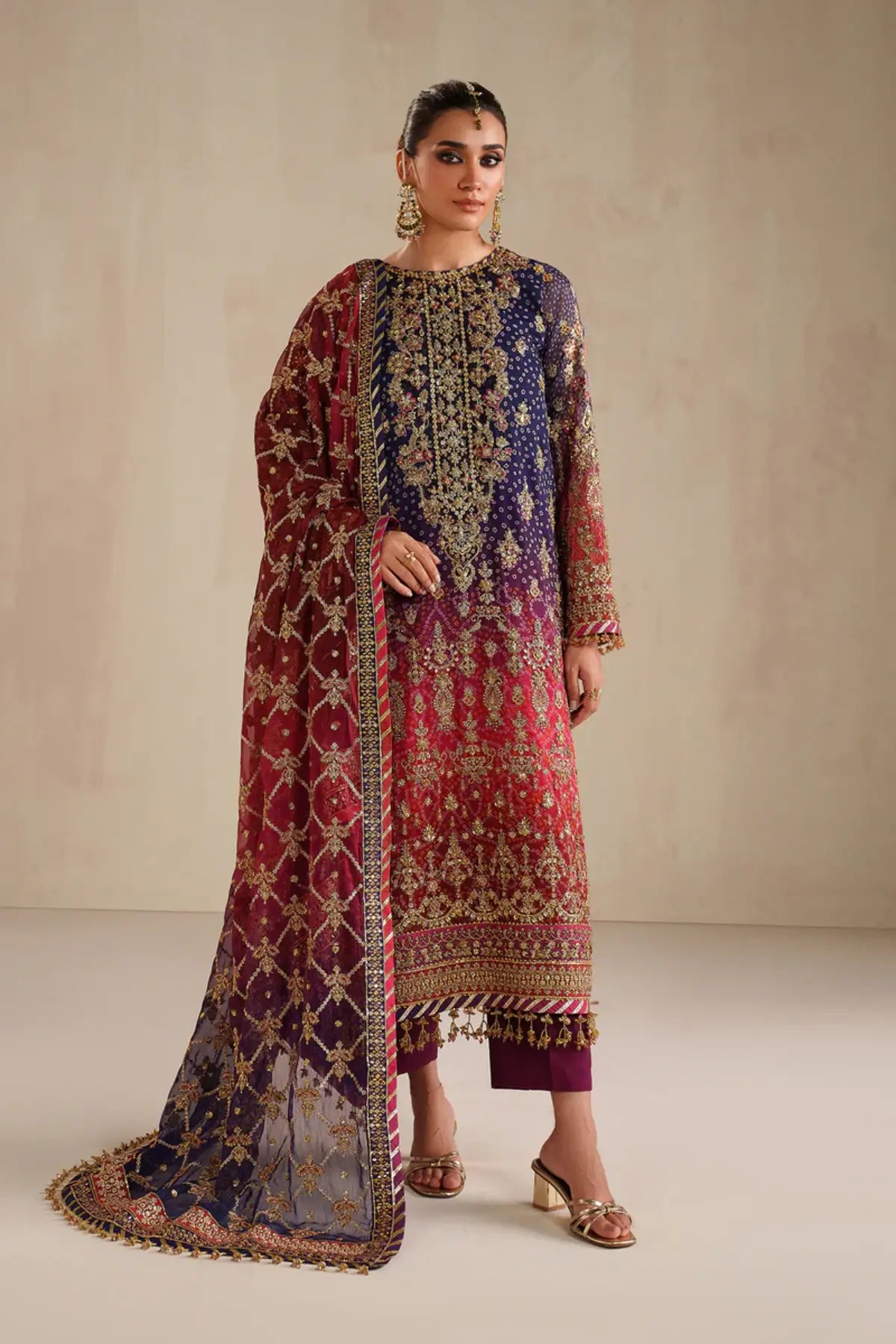 UF-4369 Baroque red embroidered chiffon stitched 3PC with silk dupatta and dyed silk trouser formal wear Pakistanimoda