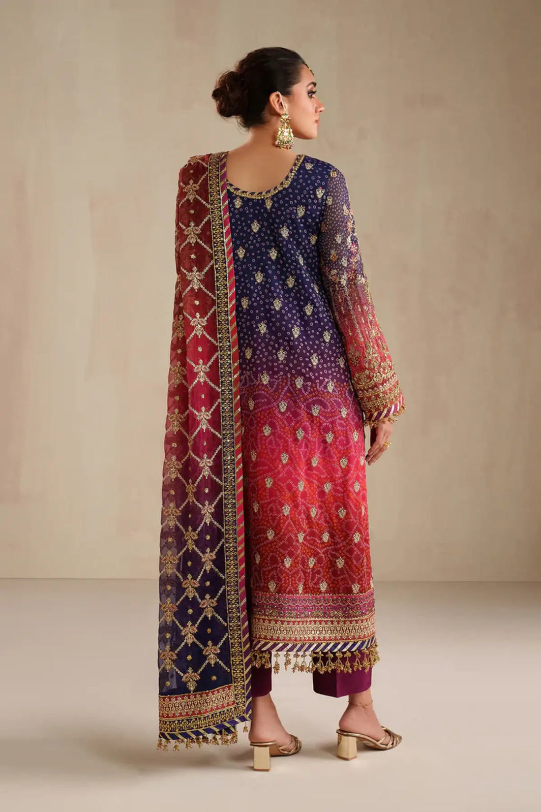 UF-4369 Baroque red embroidered chiffon stitched 3PC with silk dupatta and dyed silk trouser formal wear Pakistanimoda