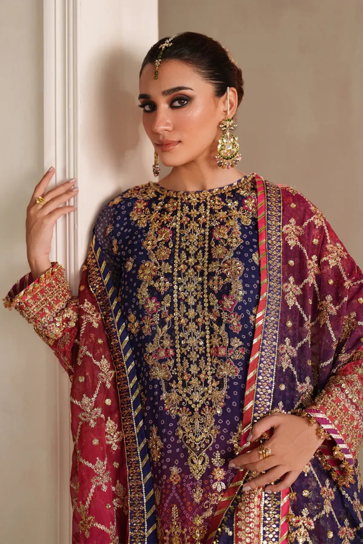UF-4369 Baroque red embroidered chiffon stitched 3PC with silk dupatta and dyed silk trouser formal wear Pakistanimoda