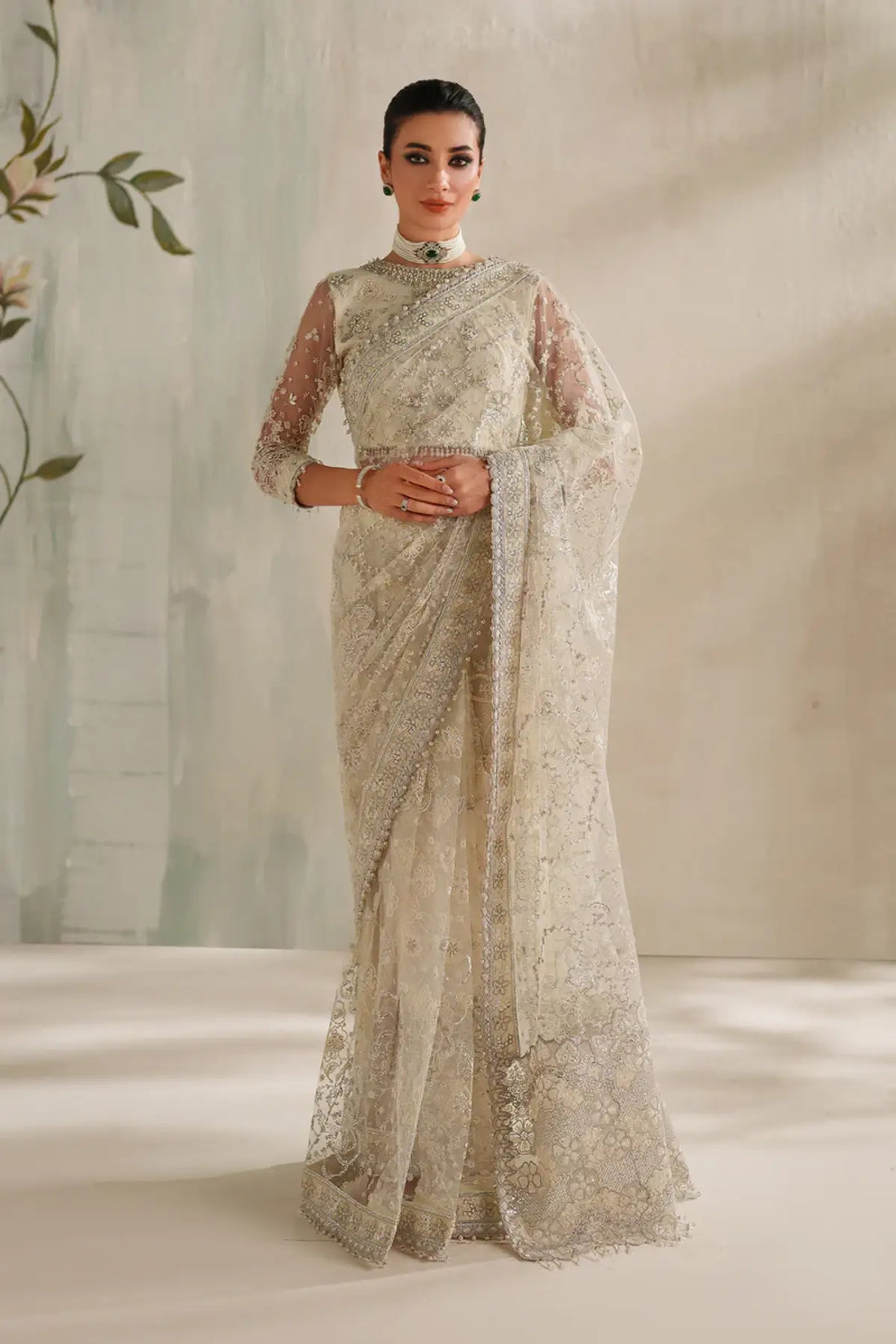 UF-4372 Baroque ivory embroidered net saree formal wear with organza borders and dyed silk trouser Pakistanimoda