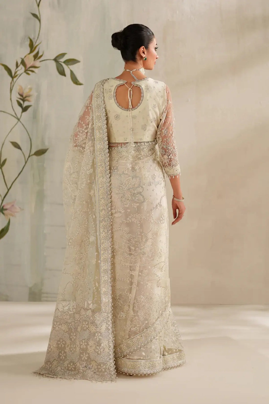 UF-4372 Baroque ivory embroidered net saree formal wear with organza borders and dyed silk trouser Pakistanimoda