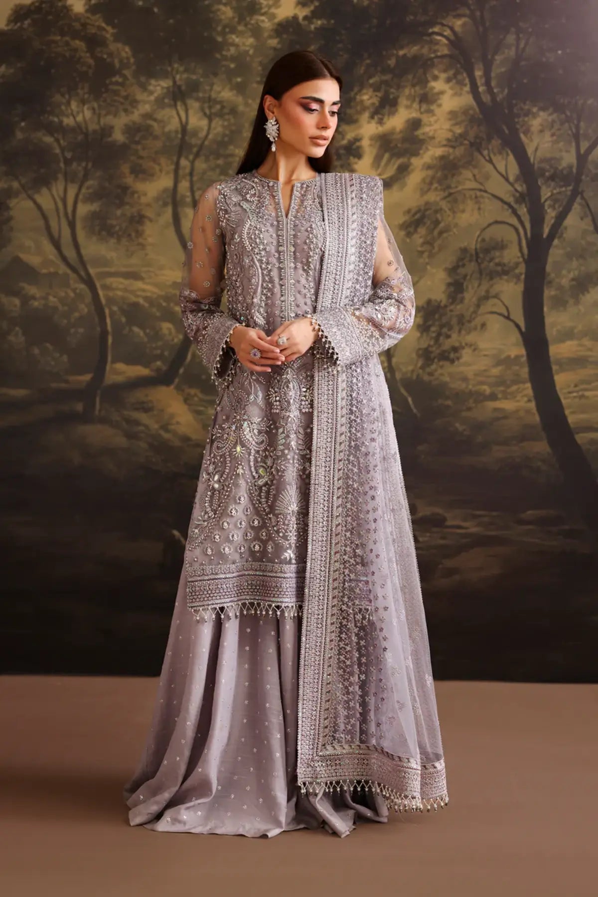 UF-4379 Baroque lilac embroidered net stitched 3PC with embroidered net dupatta and embroidered silk trouser formal wear