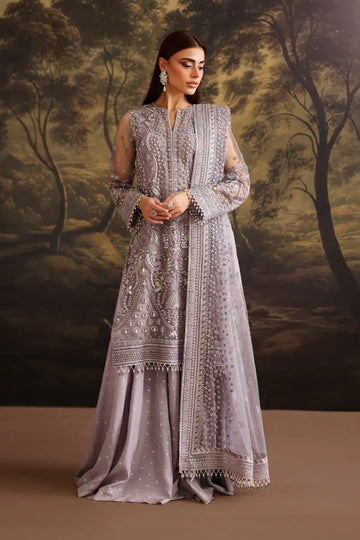 UF-4379 Baroque lilac embroidered net stitched 3PC with embroidered net dupatta and embroidered silk trouser formal wear