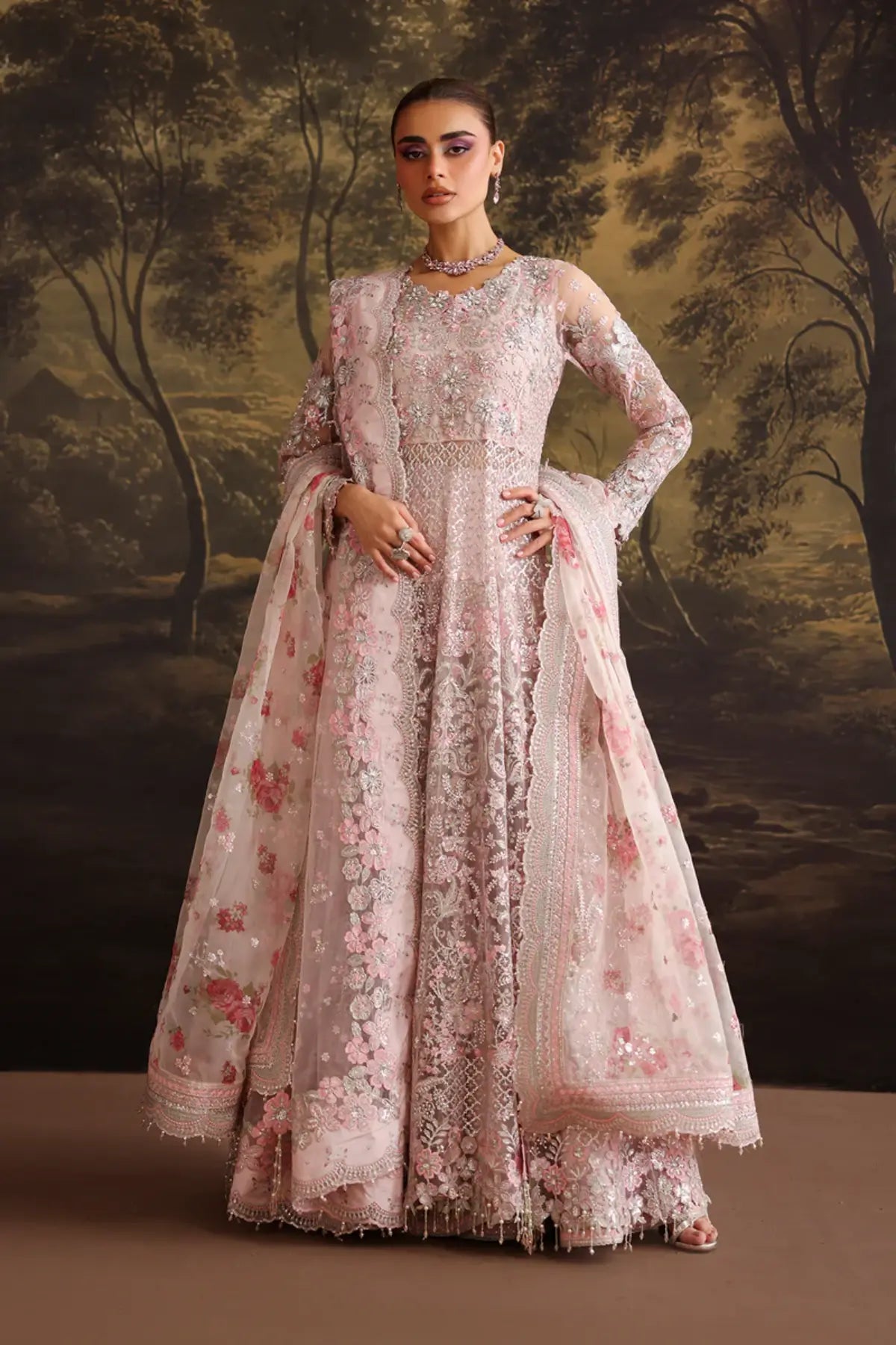 Baroque UF-4380 pink embroidered net stitched maxi 3PC with organza dupatta and silk trouser formal wear