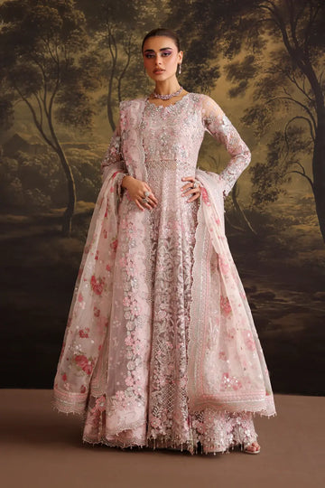 Baroque UF-4380 pink embroidered net stitched maxi 3PC with organza dupatta and silk trouser formal wear