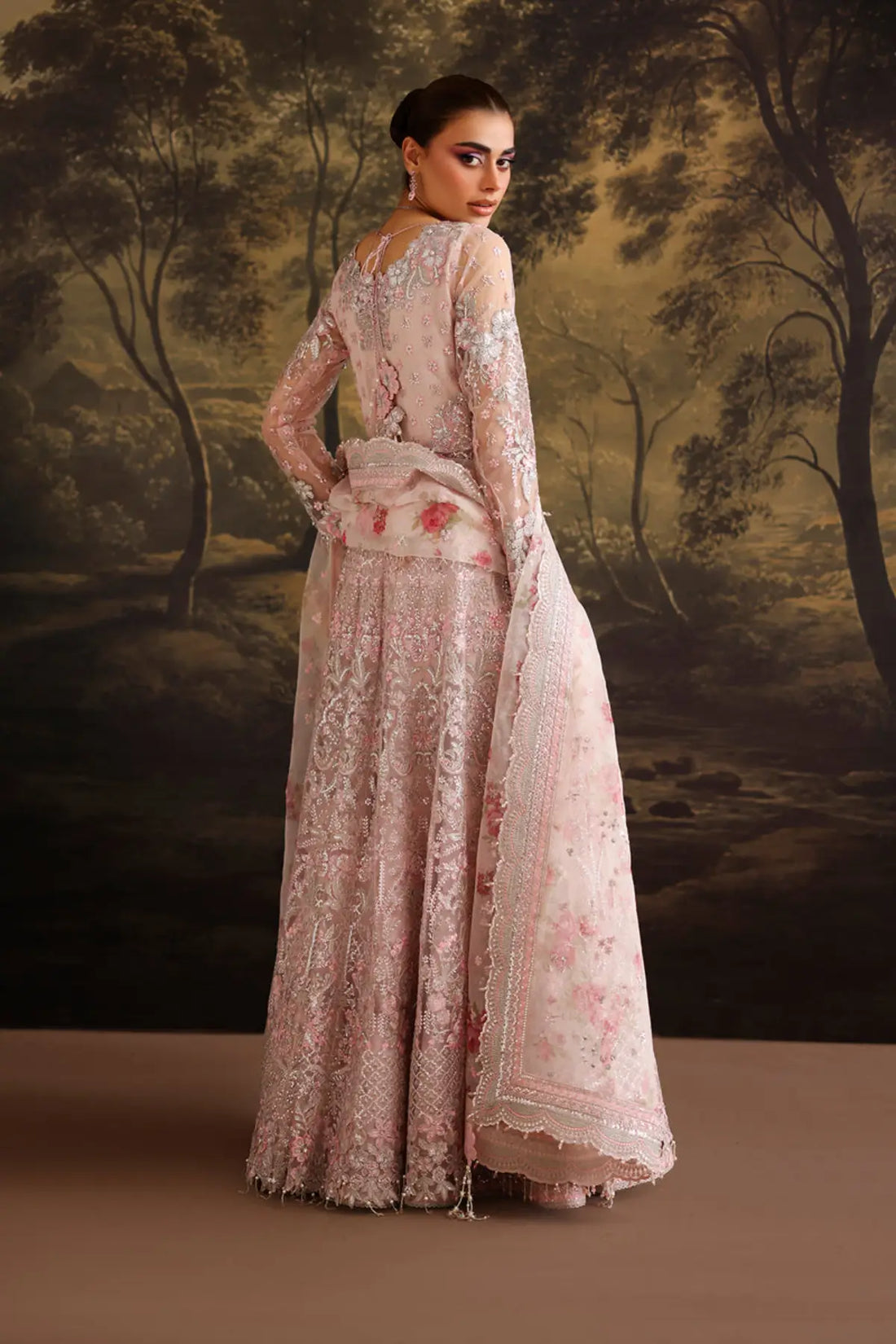 Baroque UF-4380 pink embroidered net stitched maxi 3PC with organza dupatta and silk trouser formal wear