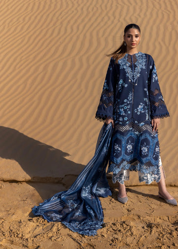 Under The Tuscan Love - D1 B- Moonlight Blue Embroidered Lawn Outfit By- Crimson