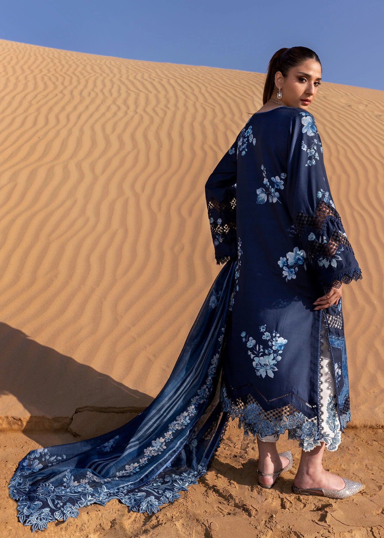 Under The Tuscan Love - D1 B- Moonlight Blue Embroidered Lawn Outfit By- Crimson