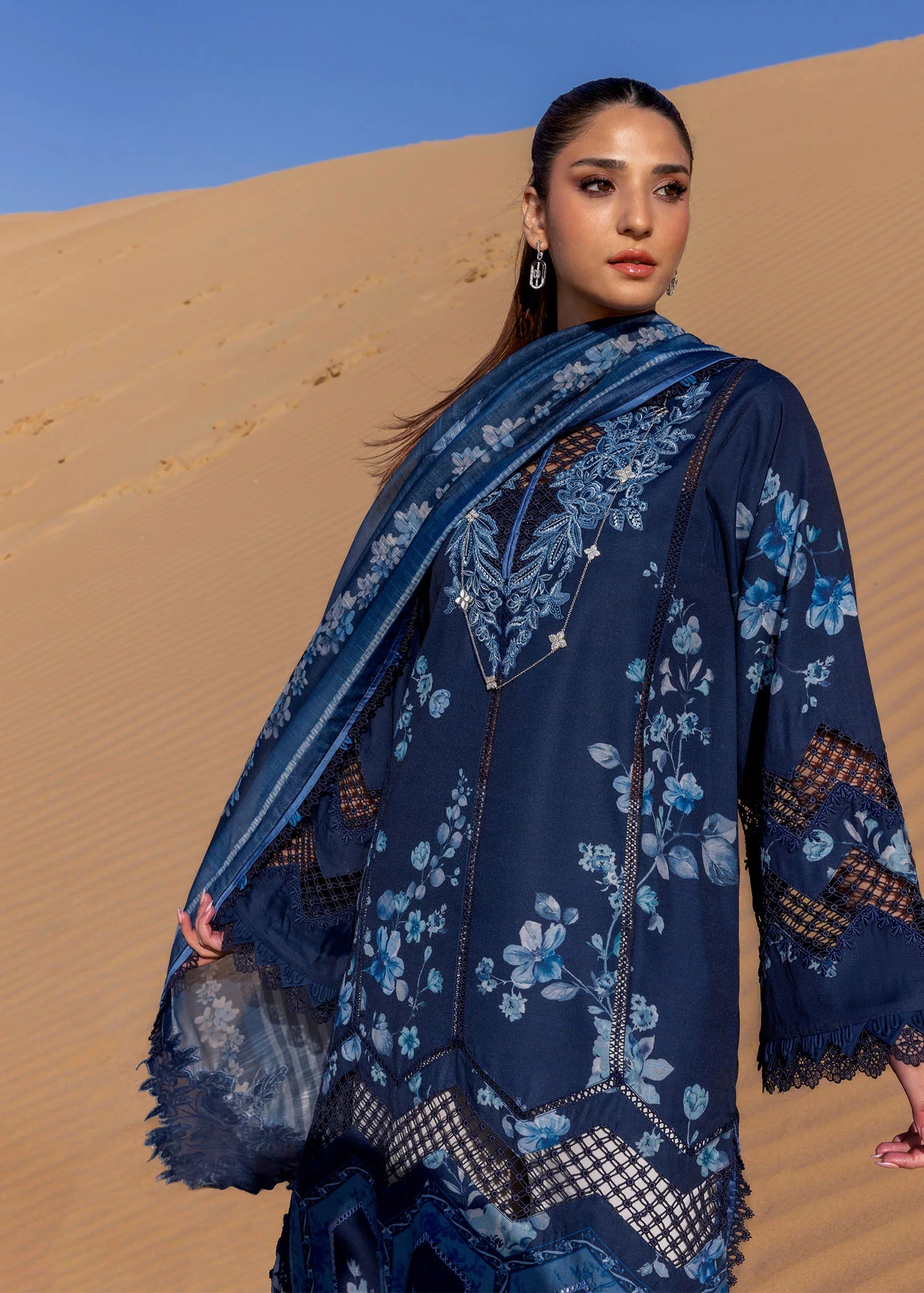 Under The Tuscan Love - D1 B- Moonlight Blue Embroidered Lawn Outfit By- Crimson