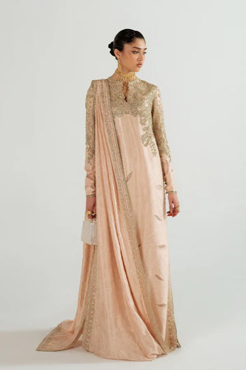 VAREEN rose gold silk draped 2PC suit by Suffuse with embellished detailing