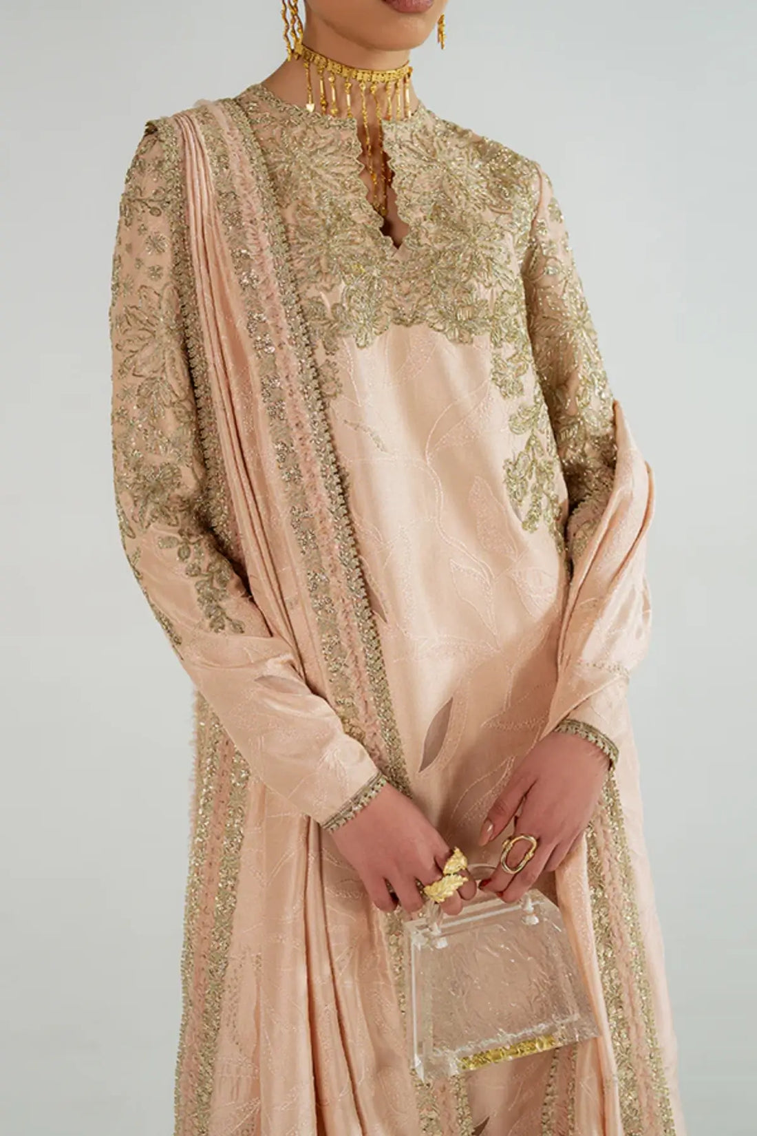 VAREEN rose gold silk draped 2PC suit by Suffuse with embellished detailing