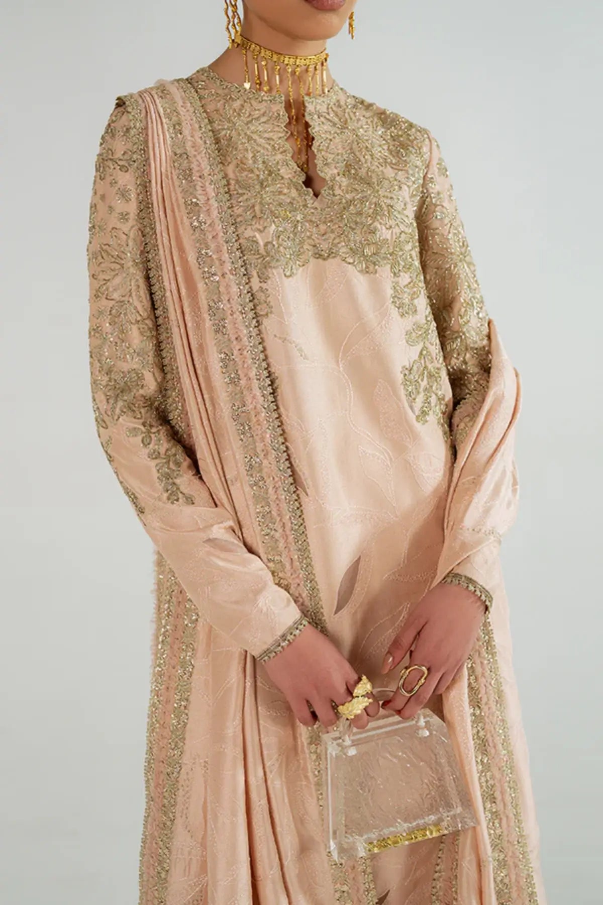 VAREEN rose gold silk draped 2PC suit by Suffuse with embellished detailing