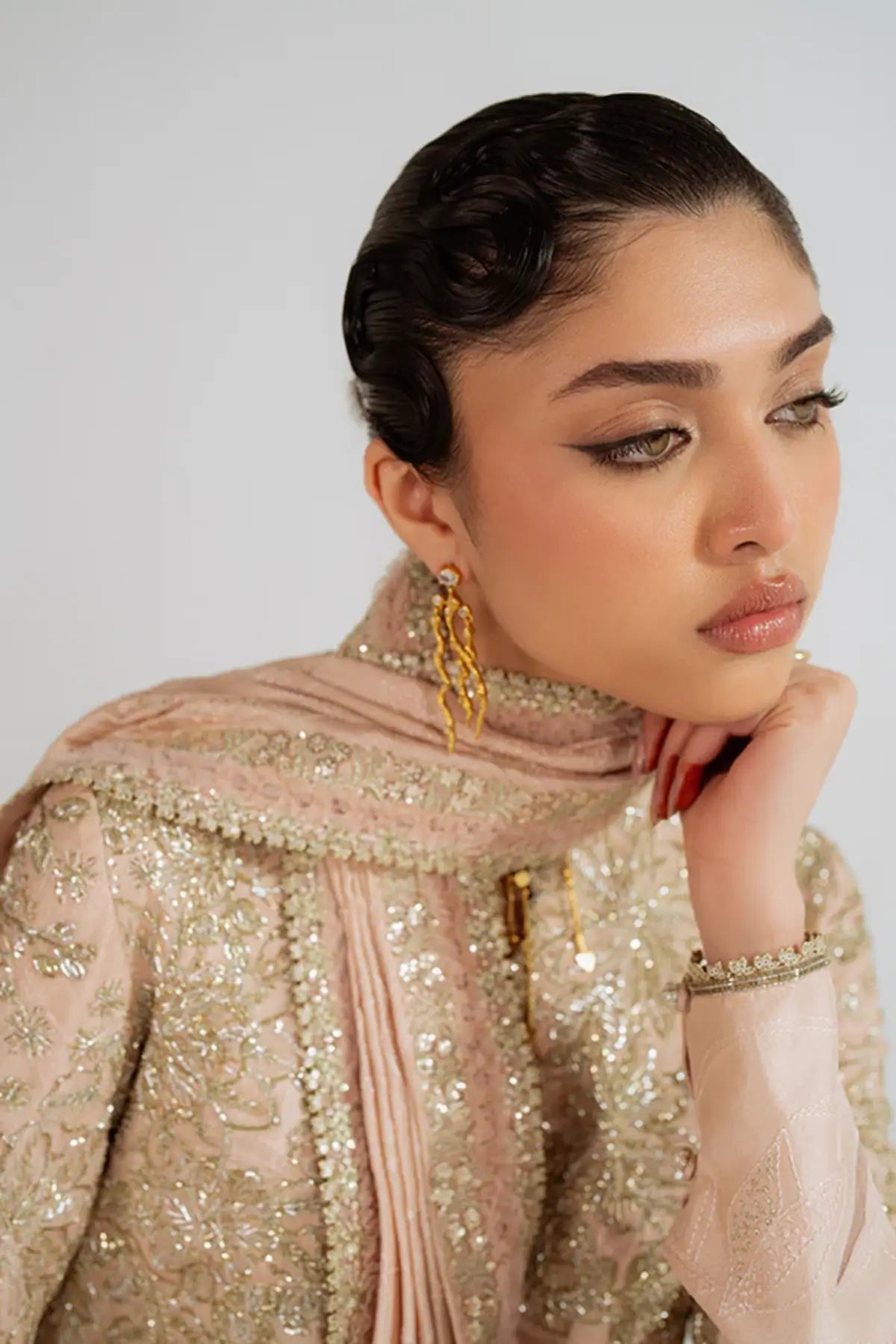 VAREEN rose gold silk draped 2PC suit by Suffuse with embellished detailing