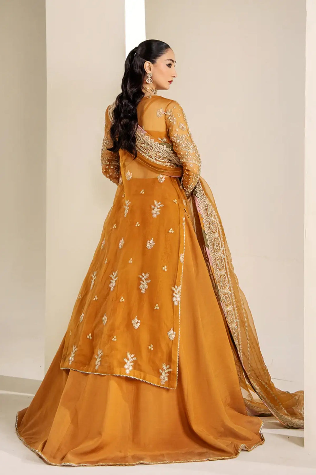 VERA by Saad Shaikh mustard embroidered organza stitched formal suit with dupatta, mehndi event wear | Pakistanimoda