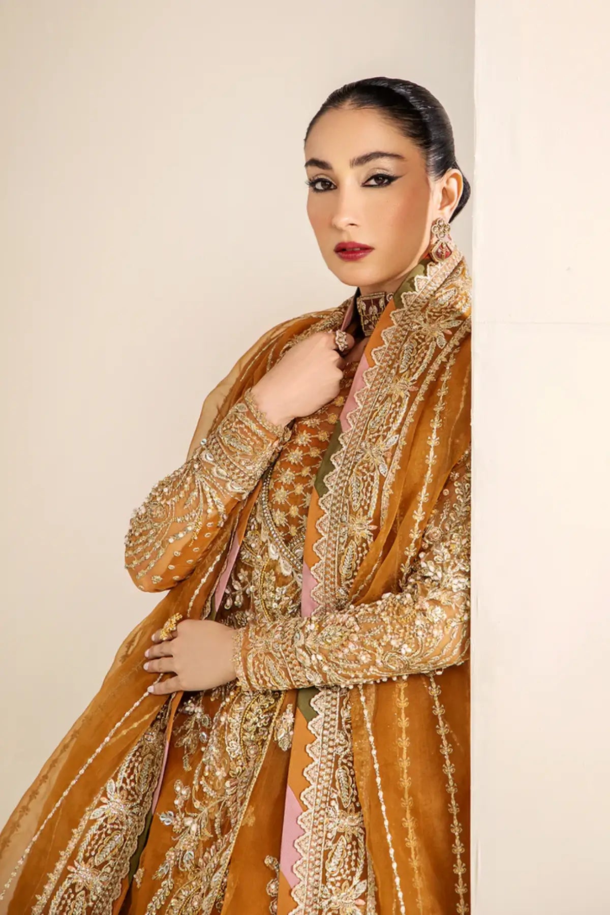 VERA by Saad Shaikh mustard embroidered organza stitched formal suit with dupatta, mehndi event wear | Pakistanimoda