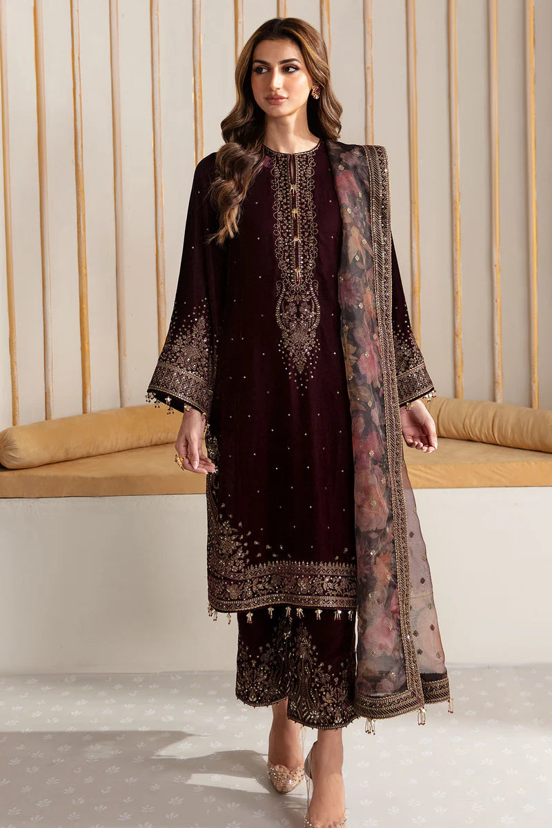 VF-2012 Jazmin Burgundy Velvet Stitched Formal Party Wear Suit with Organza Dupatta – Pakistanimoda Exclusive