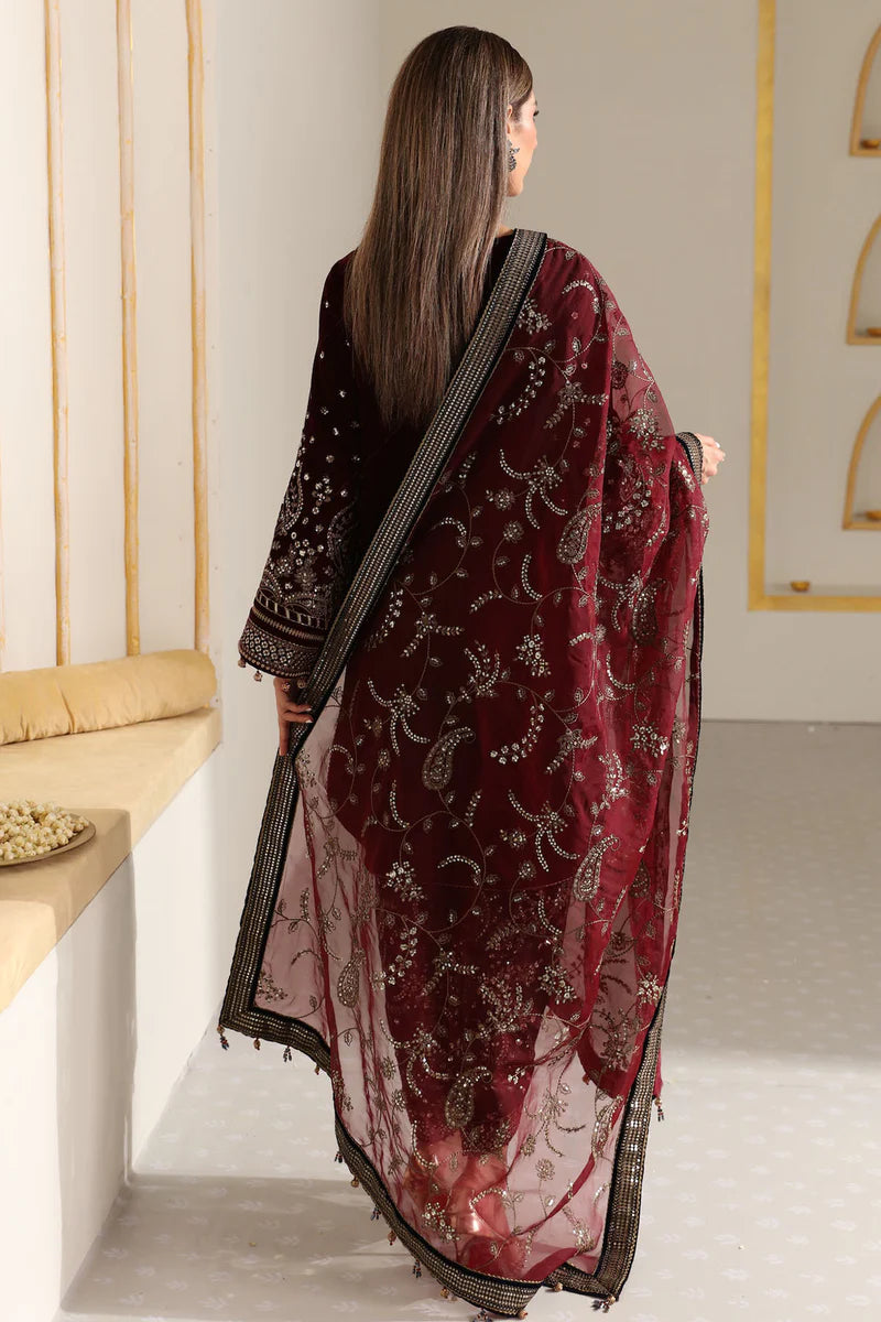 VF-2017 Jazmin Maroon Velvet Stitched Formal Suit with Embroidered Organza Dupatta – Shop Online at Pakistanimoda.com