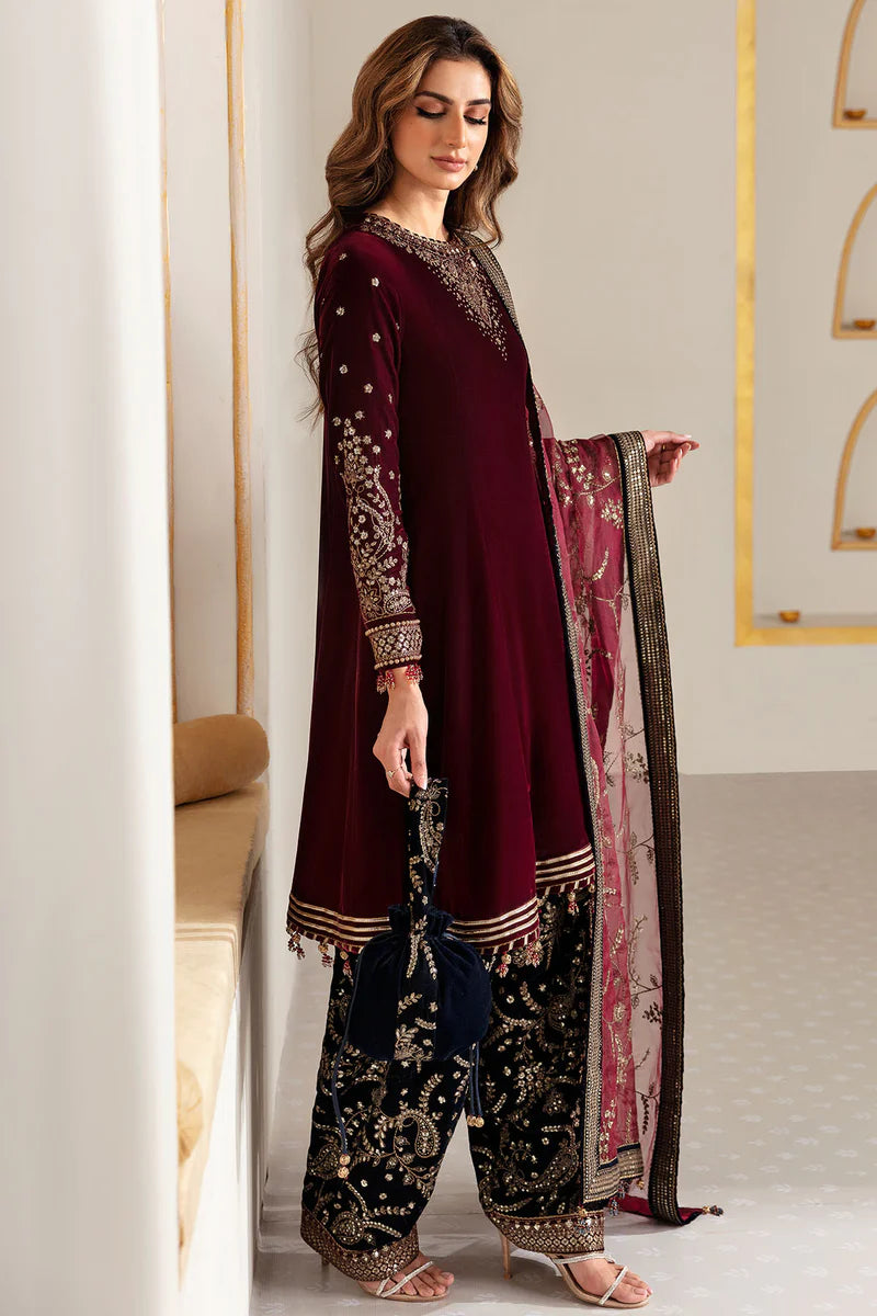 VF-2018 Jazmin Maroon Velvet Embroidered 3pc Eid Formal Dress – Pakistanimoda