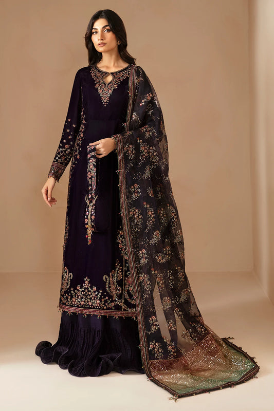 VF-2027 Jazmin Purple Velvet Embroidered Stitched Formal Outfit with Organza Dupatta – Available Online at Pakistanimoda.com