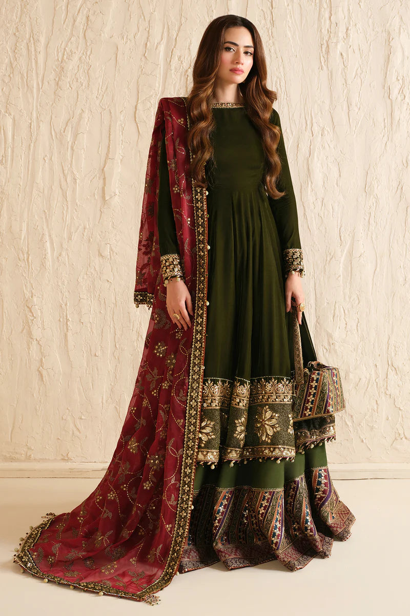 VF-2036 Jazmin Velvet Green Anarkali Formal Dress with Red Embroidered Dupatta – Shop Online at Pakistanimoda.com