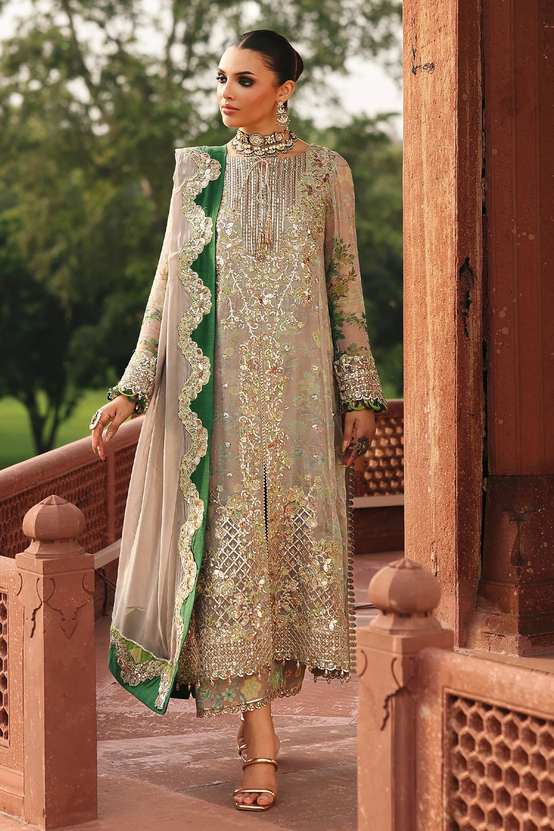 VSL25-23 beige and green chiffon embroidered Pakistani suit with raw silk trouser and embroidered dupatta – perfect party wear at Pakistanimoda.