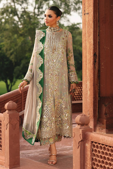 VSL25-23 beige and green chiffon embroidered Pakistani suit with raw silk trouser and embroidered dupatta – perfect party wear at Pakistanimoda.