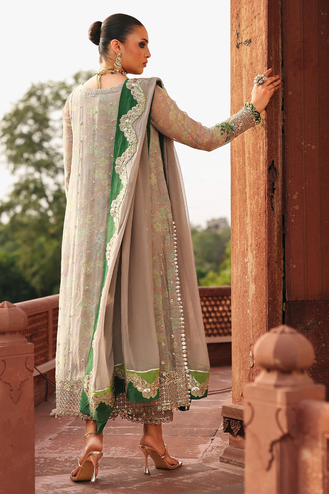 VSL25-23 beige and green chiffon embroidered Pakistani suit with raw silk trouser and embroidered dupatta – perfect party wear at Pakistanimoda.