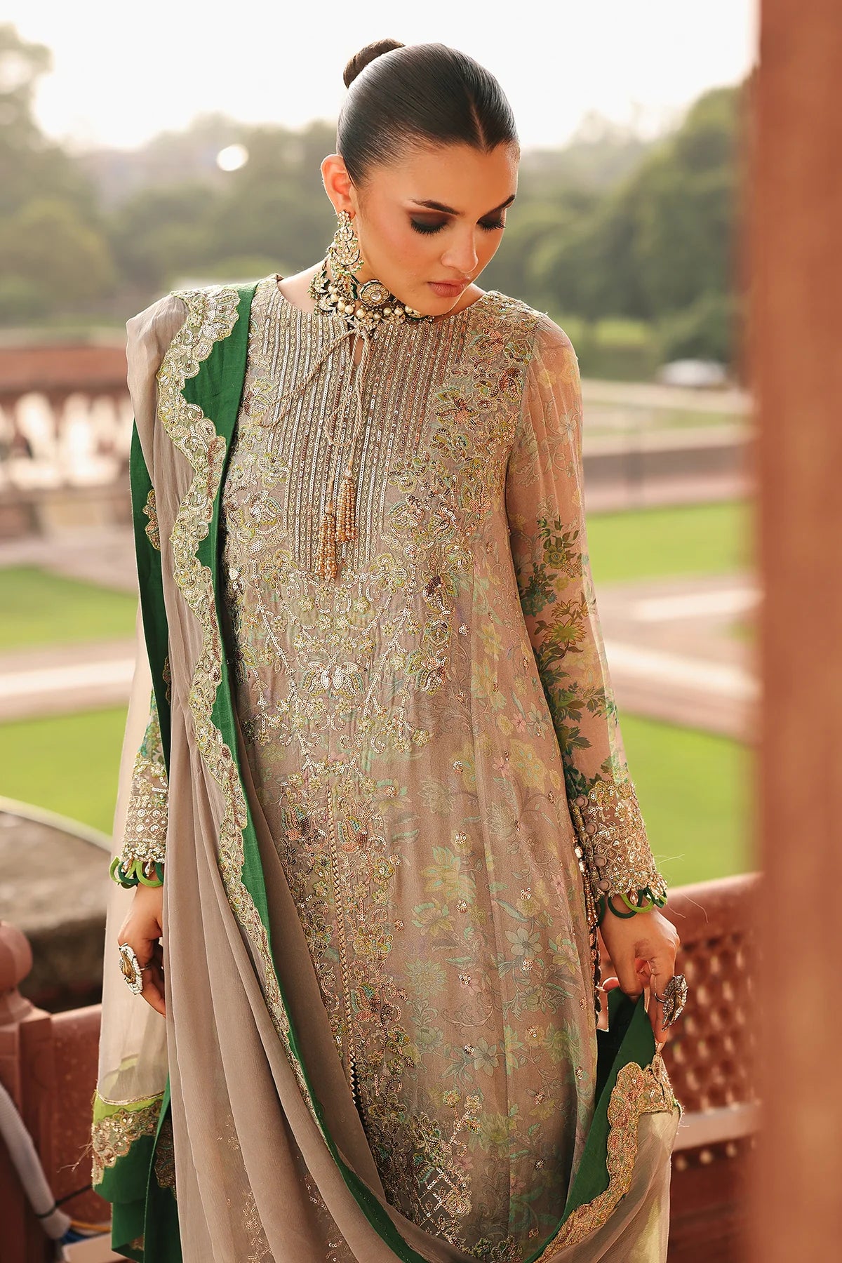 VSL25-23 beige and green chiffon embroidered Pakistani suit with raw silk trouser and embroidered dupatta – perfect party wear at Pakistanimoda.
