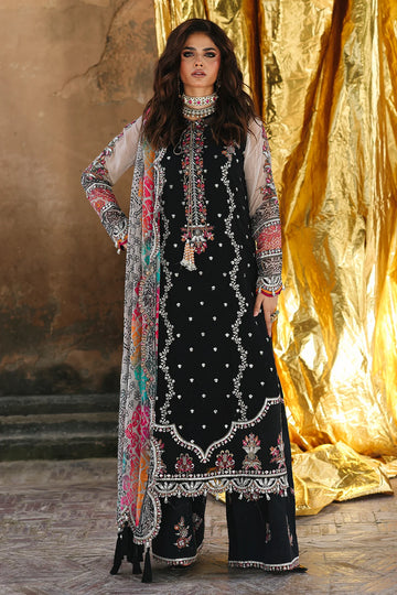 VSL25-24 Charizma black chiffon embroidered Pakistani party wear suit with raw silk trouser and printed chiffon dupatta – Shop online at Pakistanimoda.