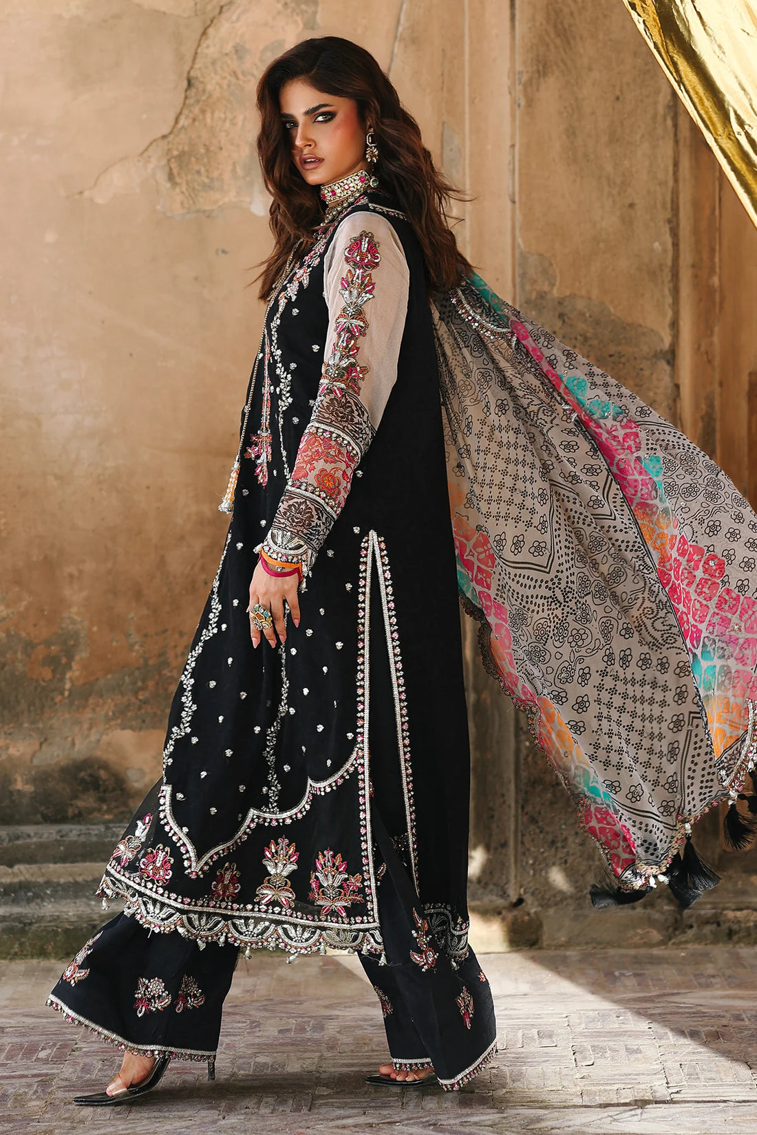 VSL25-24 Charizma black chiffon embroidered Pakistani party wear suit with raw silk trouser and printed chiffon dupatta – Shop online at Pakistanimoda.