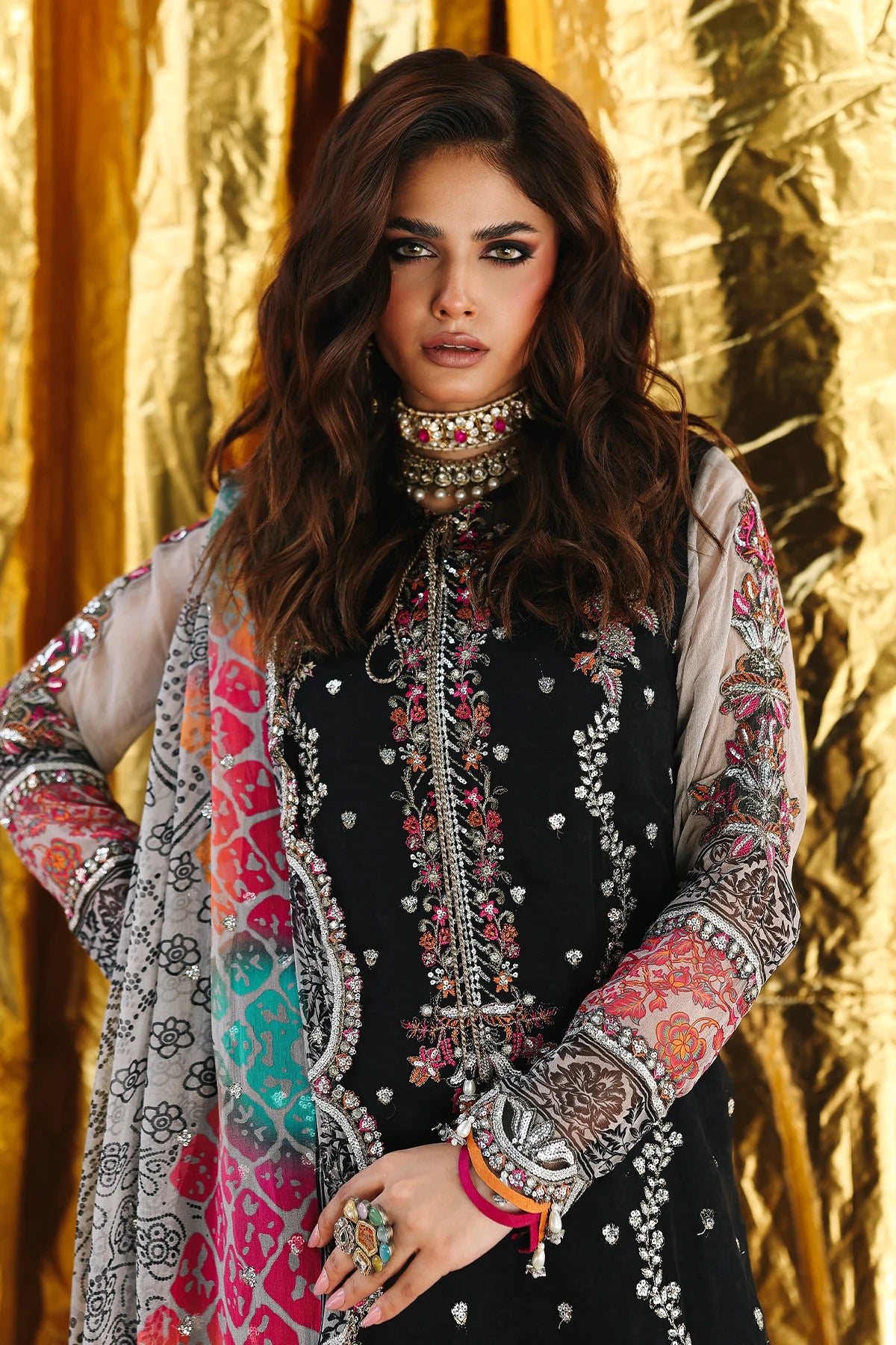 VSL25-24 Charizma black chiffon embroidered Pakistani party wear suit with raw silk trouser and printed chiffon dupatta – Shop online at Pakistanimoda.