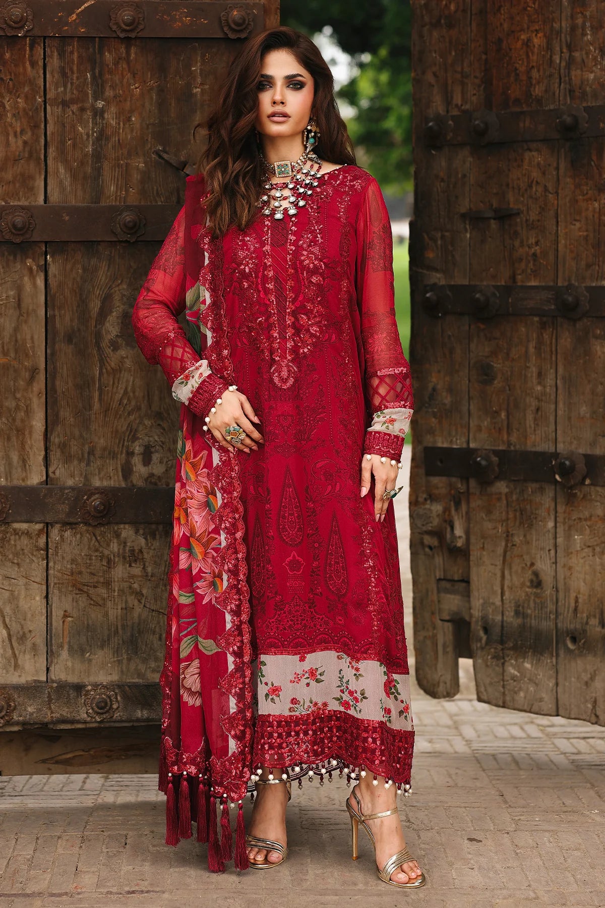 VSL25-25 luxury red chiffon embroidered Pakistani outfit with raw silk trouser and embroidered chiffon dupatta – perfect evening wear at Pakistanimoda.
