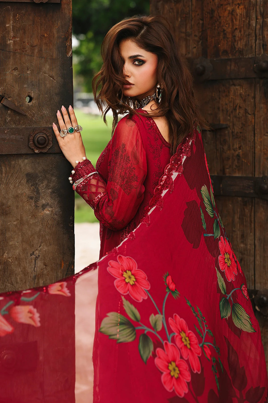 VSL25-25 luxury red chiffon embroidered Pakistani outfit with raw silk trouser and embroidered chiffon dupatta – perfect evening wear at Pakistanimoda.