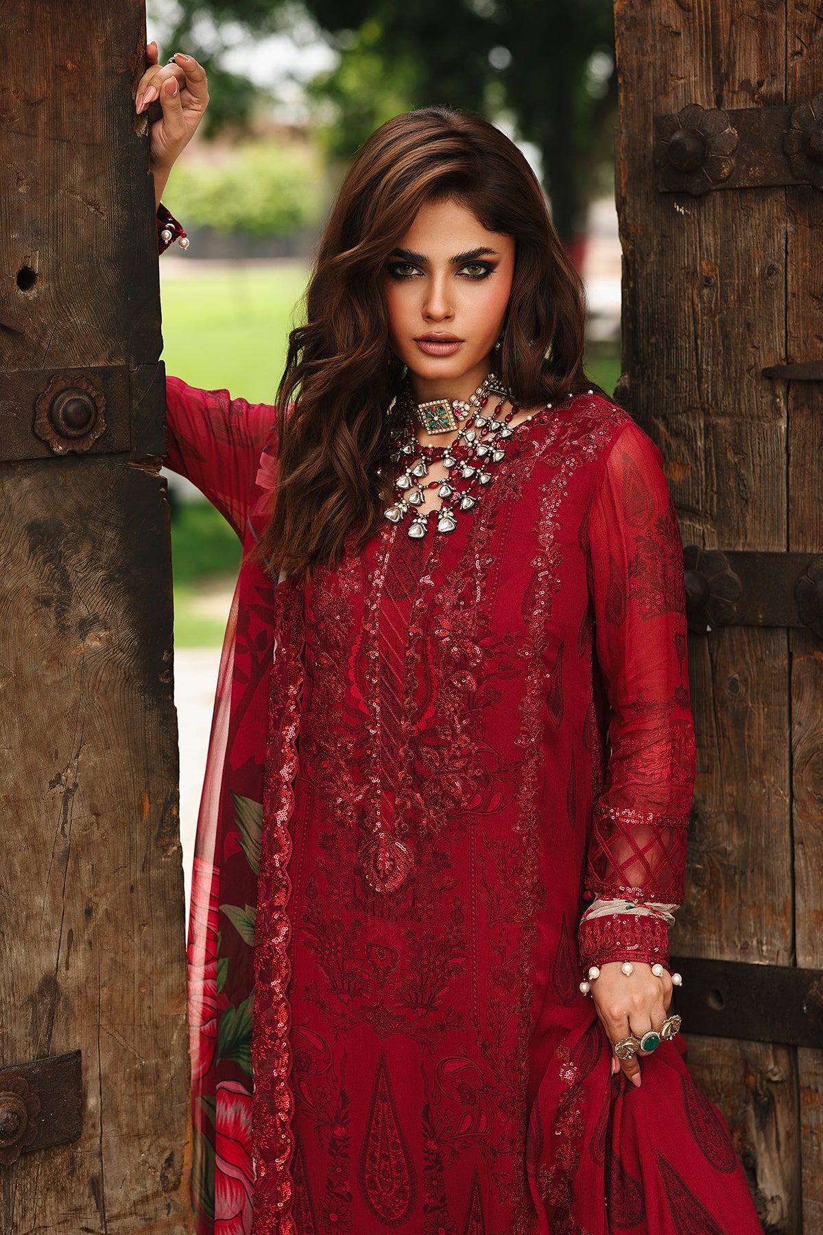 VSL25-25 luxury red chiffon embroidered Pakistani outfit with raw silk trouser and embroidered chiffon dupatta – perfect evening wear at Pakistanimoda.