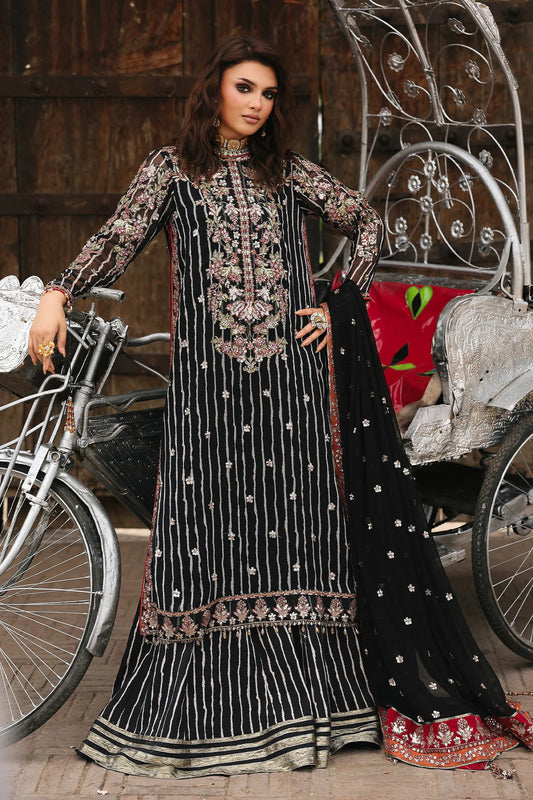 VSL25-26 black chiffon embroidered Pakistani dress with raw silk trouser and embroidered chiffon dupatta – perfect for weddings, by Charizma.