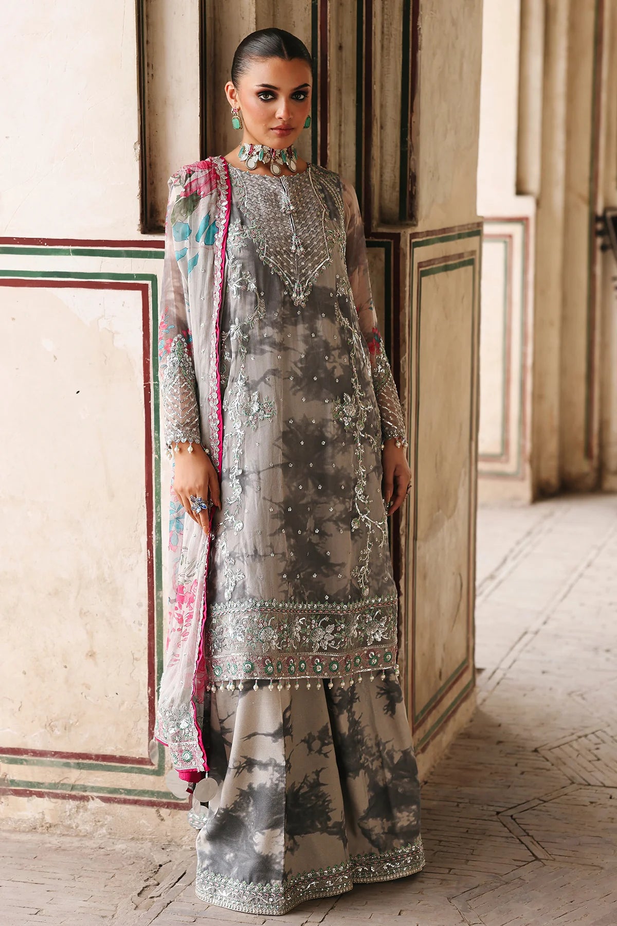 VSL25-27 grey chiffon embroidered Pakistani formal dress with raw silk trouser and embroidered chiffon dupatta – Shop worldwide online at Pakistanimoda.