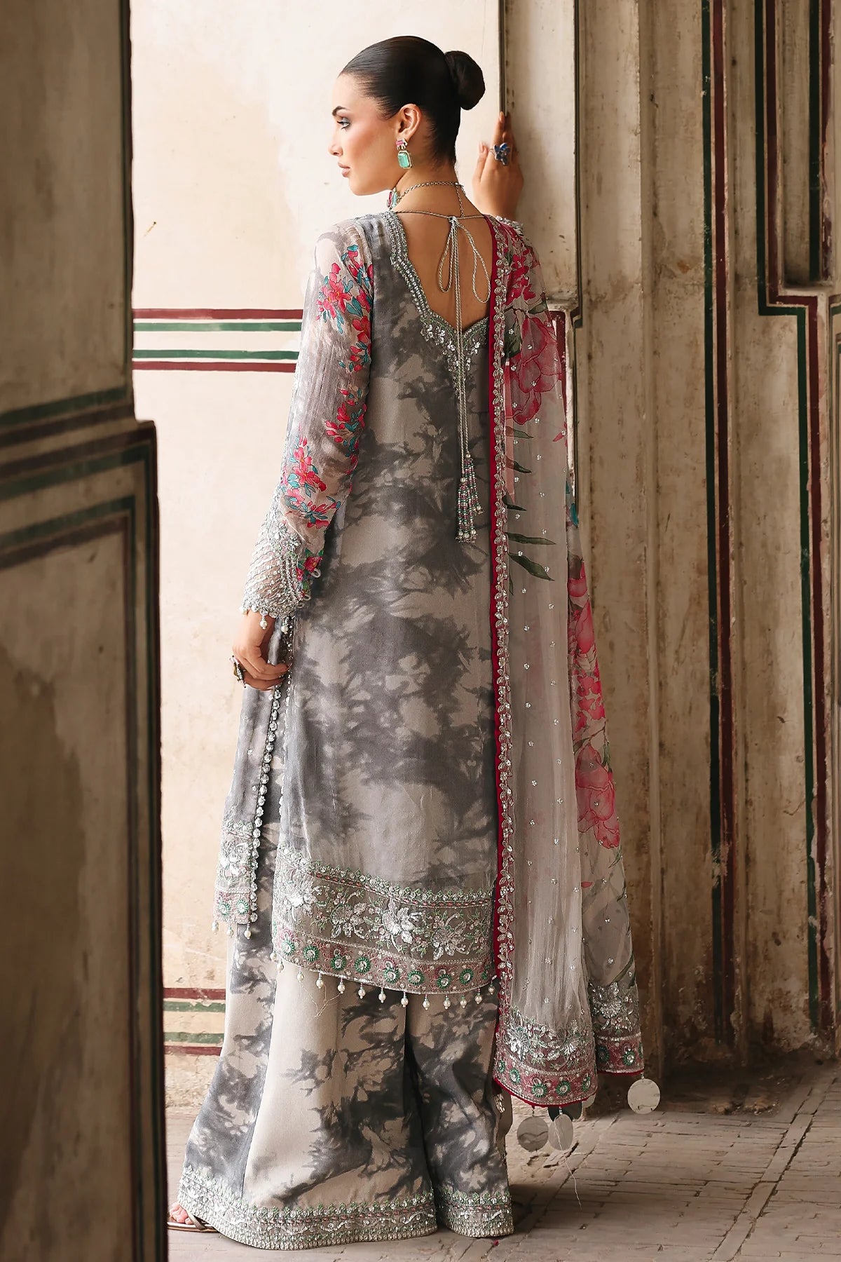 VSL25-27 grey chiffon embroidered Pakistani formal dress with raw silk trouser and embroidered chiffon dupatta – Shop worldwide online at Pakistanimoda.